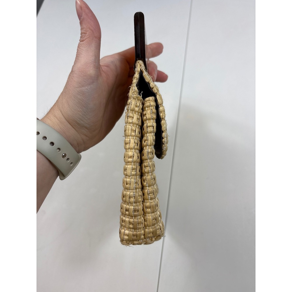 Vintage Woven Straw Handbag Tortoiseshell Acrylic Handle Crossbody Clutch Tan - Picture 5 of 8